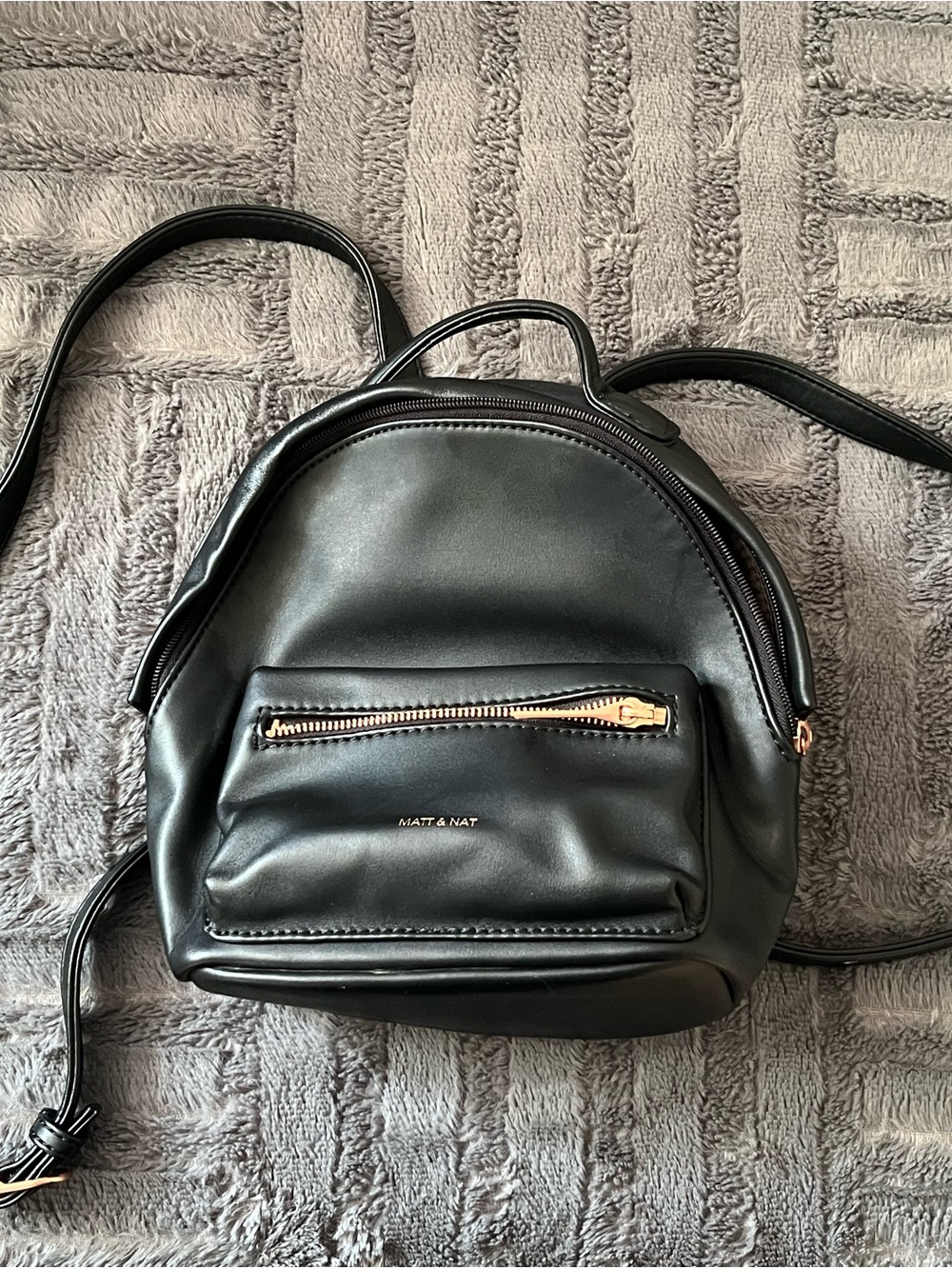 Matt & Nat Black Mini Backpack with Rose Gold. Vegan leather